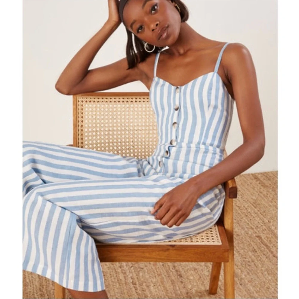 Reformation‎ Torta Striped Linen Jumpsuit Size 0